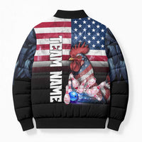 Custom Bowling Rooster Bomber Puffer Jacket with Striking Pins and American Flag Feather Pattern - Wonder Print Shop