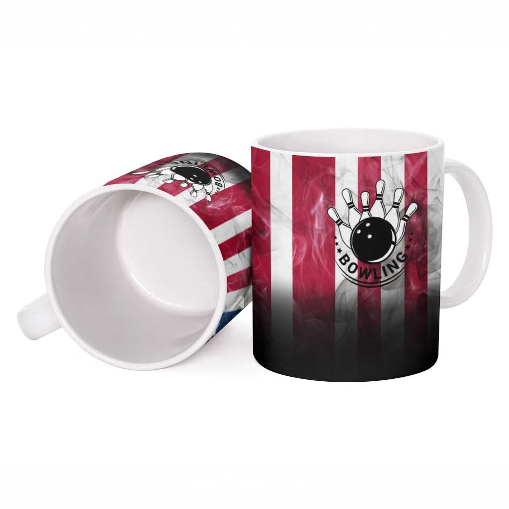 Bowling Rooster Ceramic Mug with Striking Pins and American Flag Feather Pattern - Wonder Print Shop
