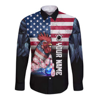 Custom Bowling Rooster Long Sleeve Button Shirt with Striking Pins and American Flag Feather Pattern - Wonder Print Shop