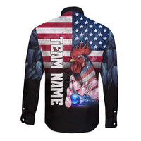 Custom Bowling Rooster Long Sleeve Button Shirt with Striking Pins and American Flag Feather Pattern - Wonder Print Shop