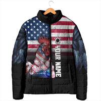 Custom Bowling Rooster Padded Jacket with Striking Pins and American Flag Feather Pattern - Wonder Print Shop