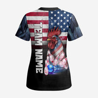 Custom Bowling Rooster Scrub Top with Striking Pins and American Flag Feather Pattern - Wonder Print Shop