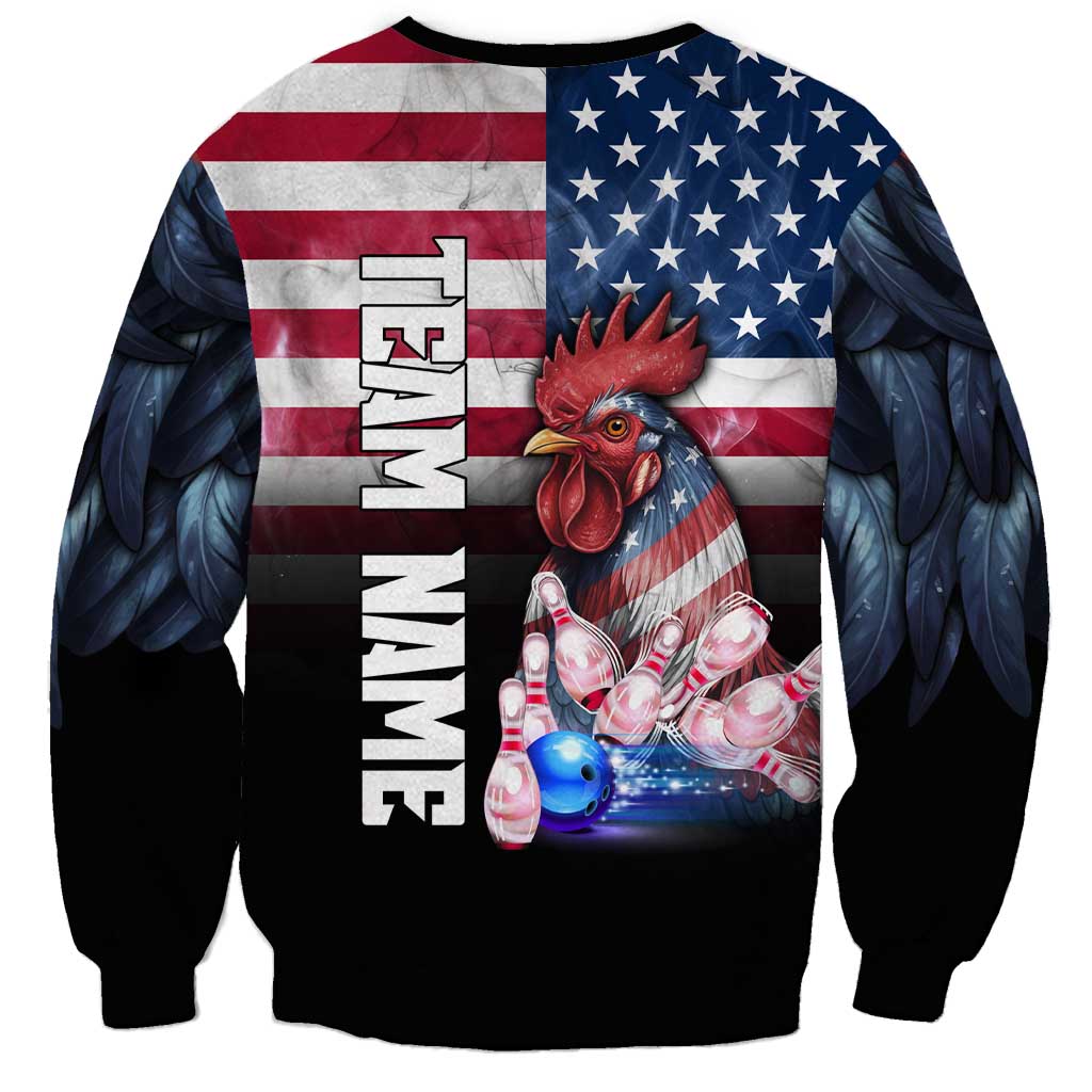 Custom Bowling Rooster Sweatshirt with Striking Pins and American Flag Feather Pattern - Wonder Print Shop
