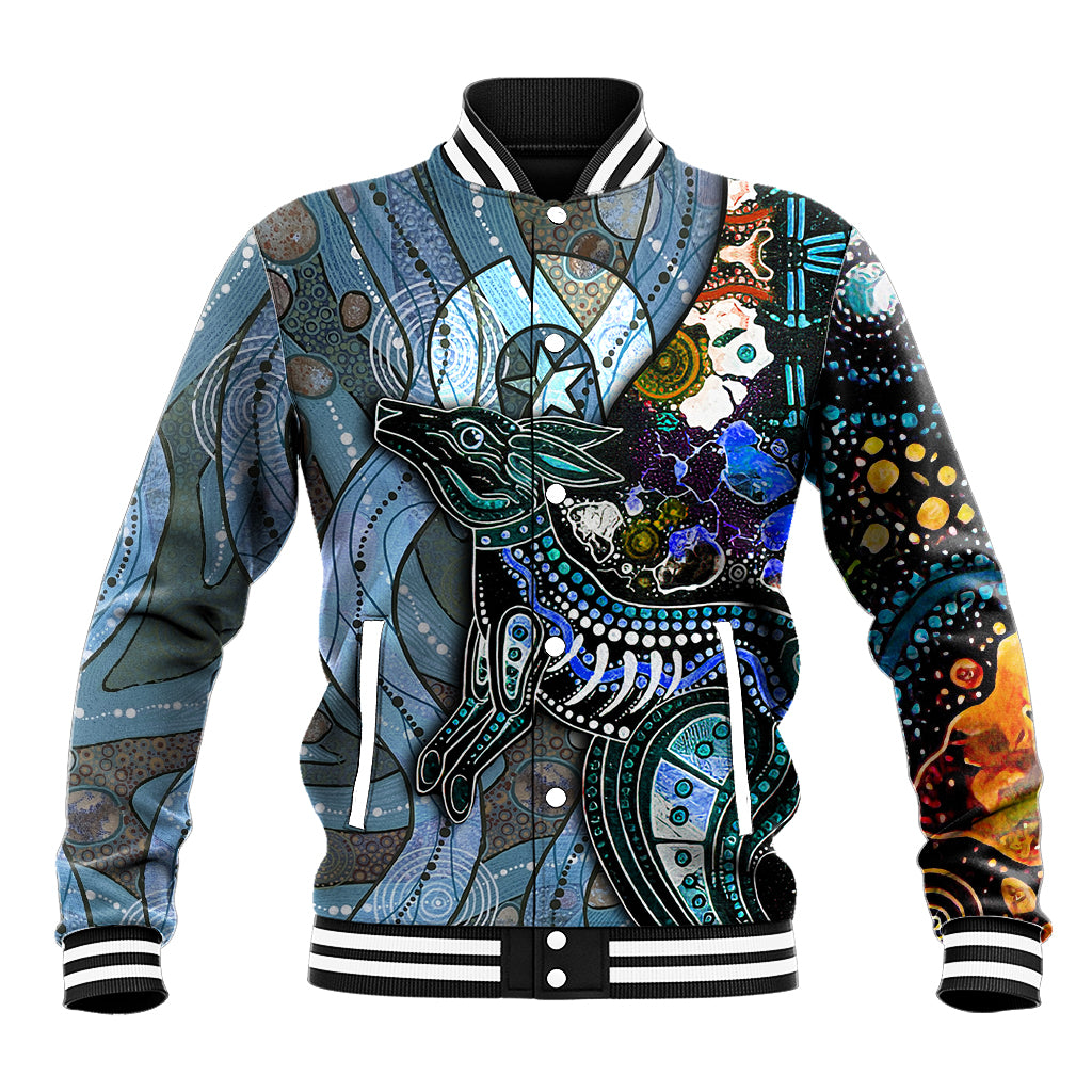 Multicolor patterned baseball jacket with striped ribbed collar, cuffs, and hem