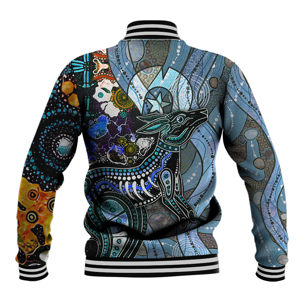 Multicolor patterned baseball jacket with striped ribbed collar, cuffs, and hem