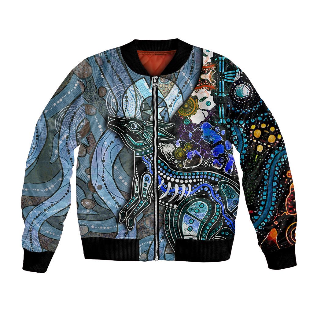 Multicolor patterned bomber jacket with black ribbed hem and cuffs, full-zip front