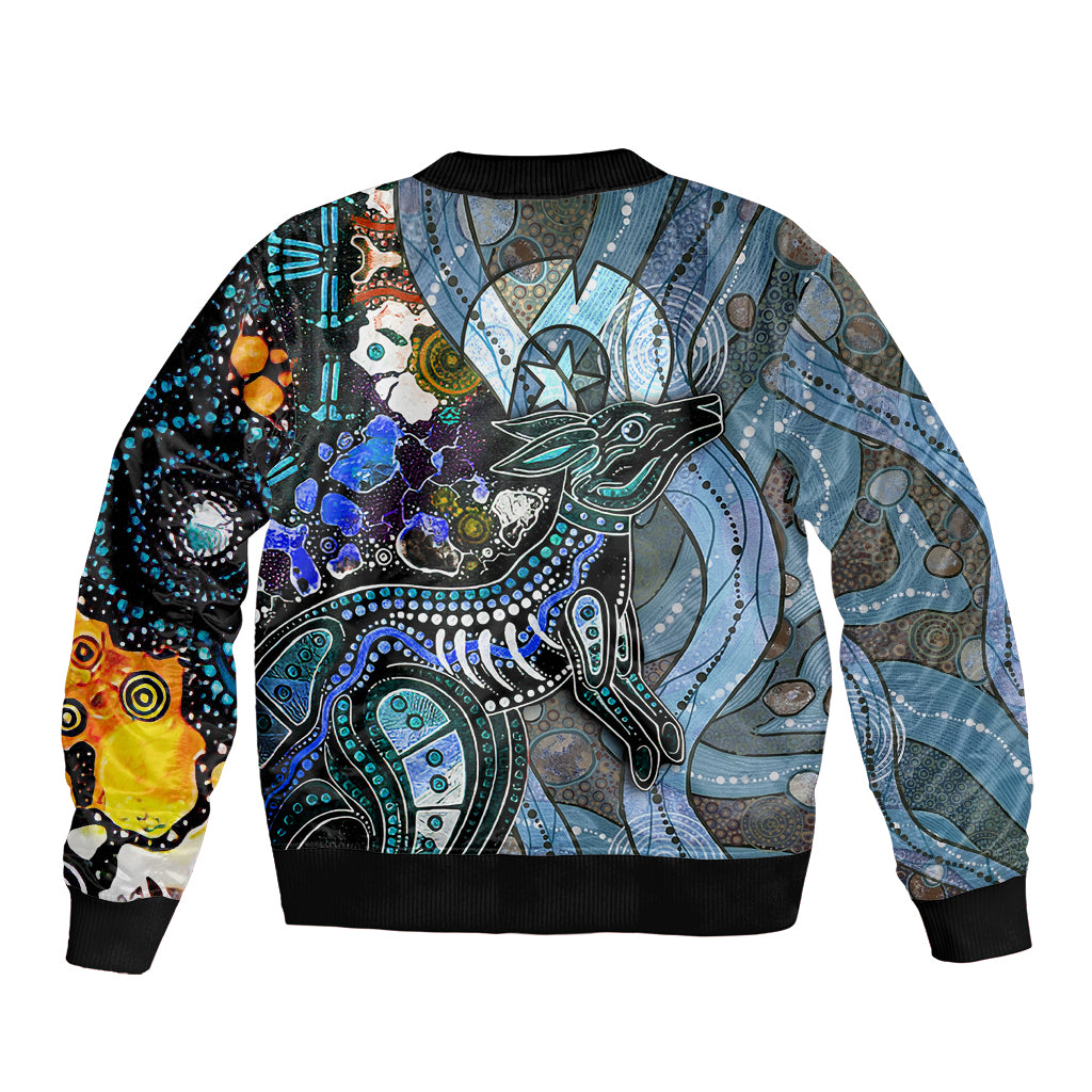 Multicolor abstract dot art bomber jacket with black ribbed collar and cuffs, full-zip front
