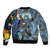 Multicolor abstract dot art bomber jacket with black ribbed collar and cuffs, full-zip front