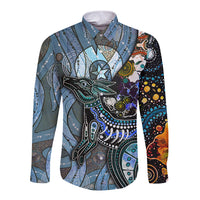 Long-sleeve button shirt, multicolor Aboriginal dot art bird graphic