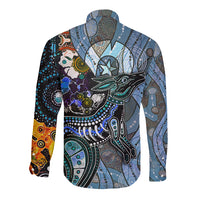 Long-sleeve button shirt with Aboriginal dot art bird graphic, multicolor panels