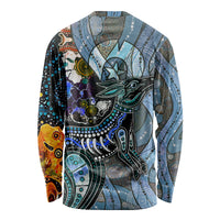 Unisex long-sleeve shirt with multicolor Aboriginal dot kangaroo silhouette, back view