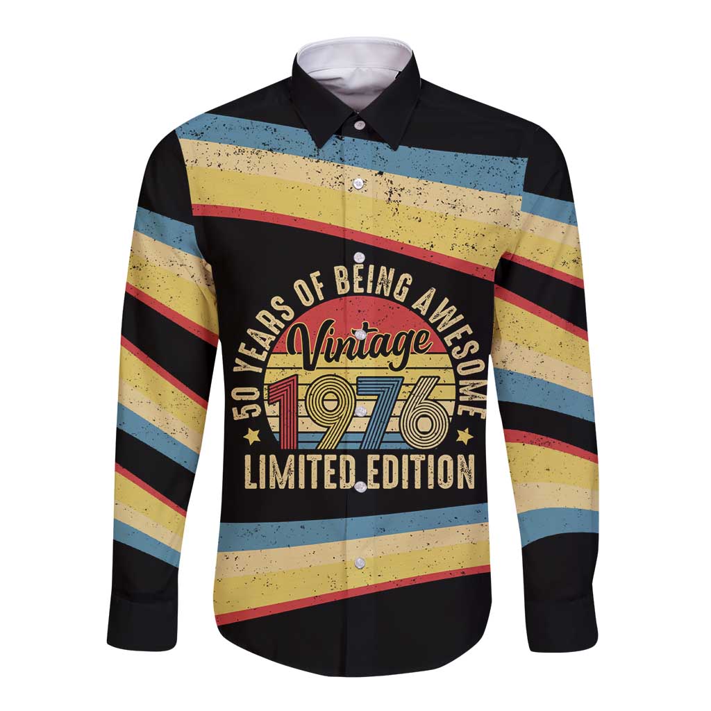 Vintage 1976 Birthday Celebration Long Sleeve Button Shirt 50th Birthday for Him - Retro Distressed Stripe Pattern