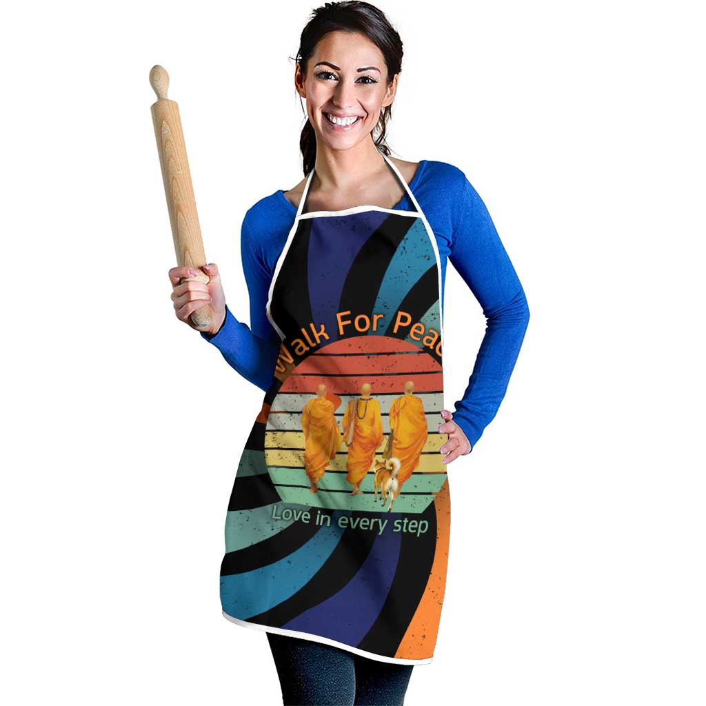 Buddhist Monks Walk For Peace Apron with Retro Sunset Swirl Pattern