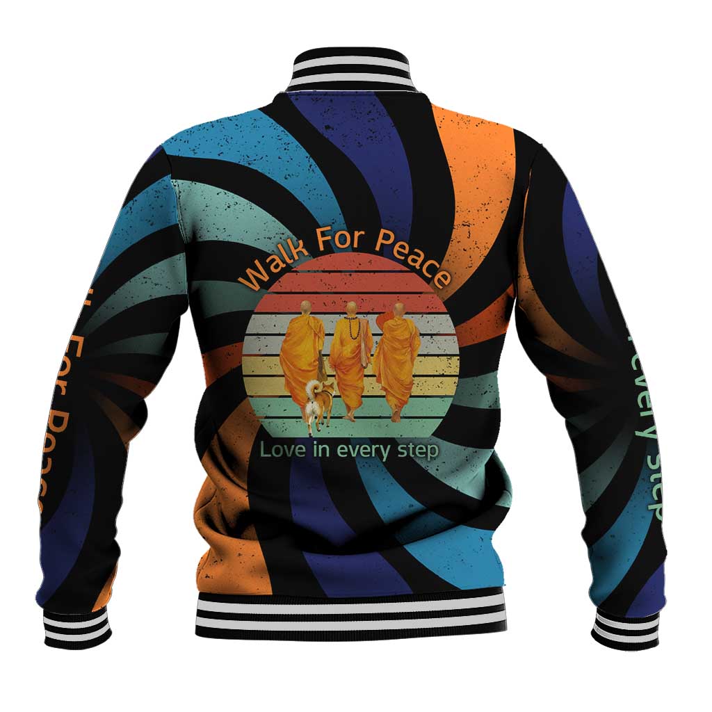 Buddhist Monks Walk For Peace Baseball Jacket with Retro Sunset Swirl Pattern