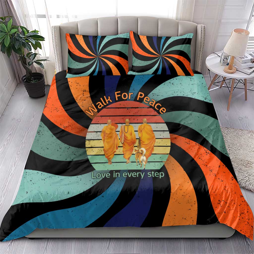 Buddhist Monks Walk For Peace Bedding Set with Retro Sunset Swirl Pattern