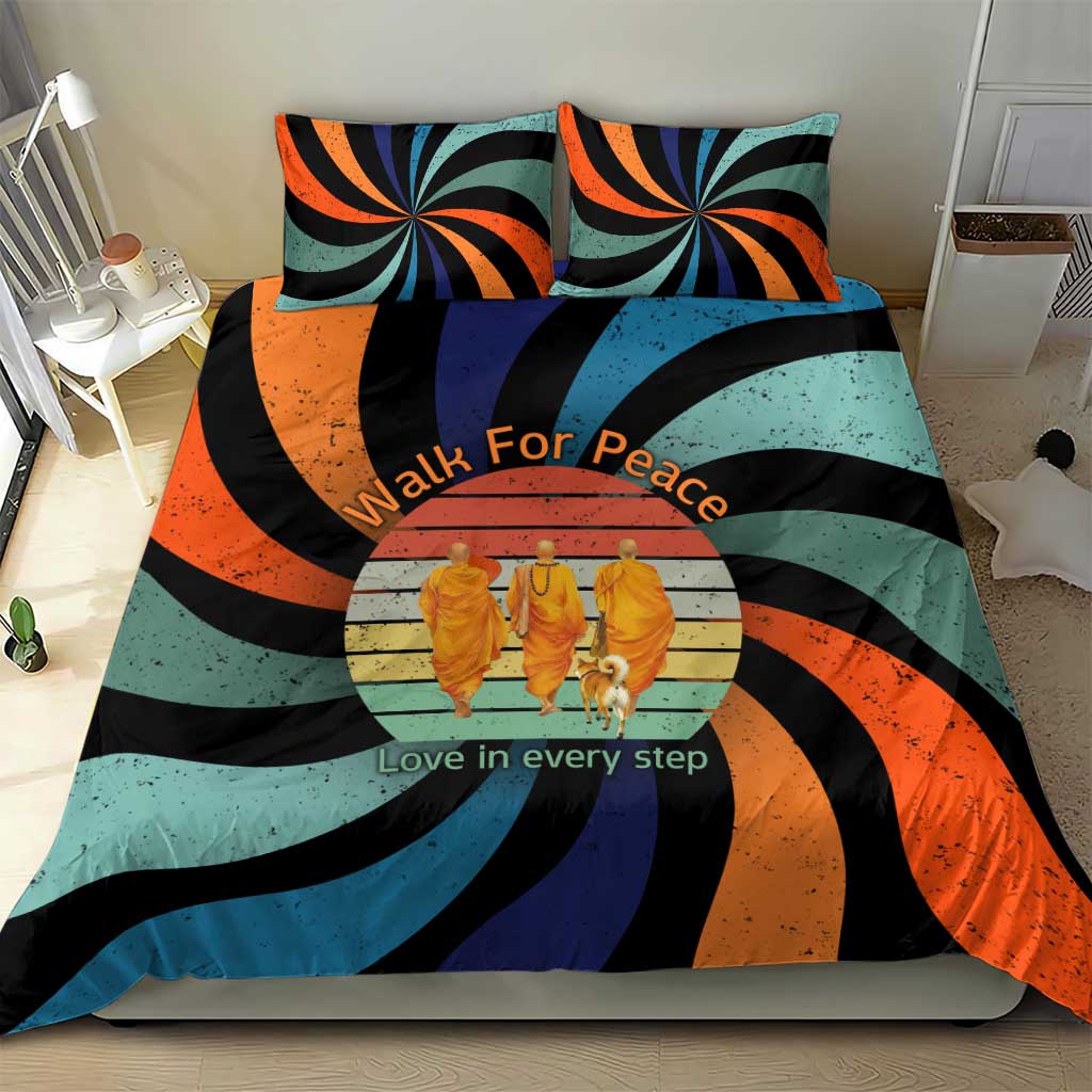 Buddhist Monks Walk For Peace Bedding Set with Retro Sunset Swirl Pattern