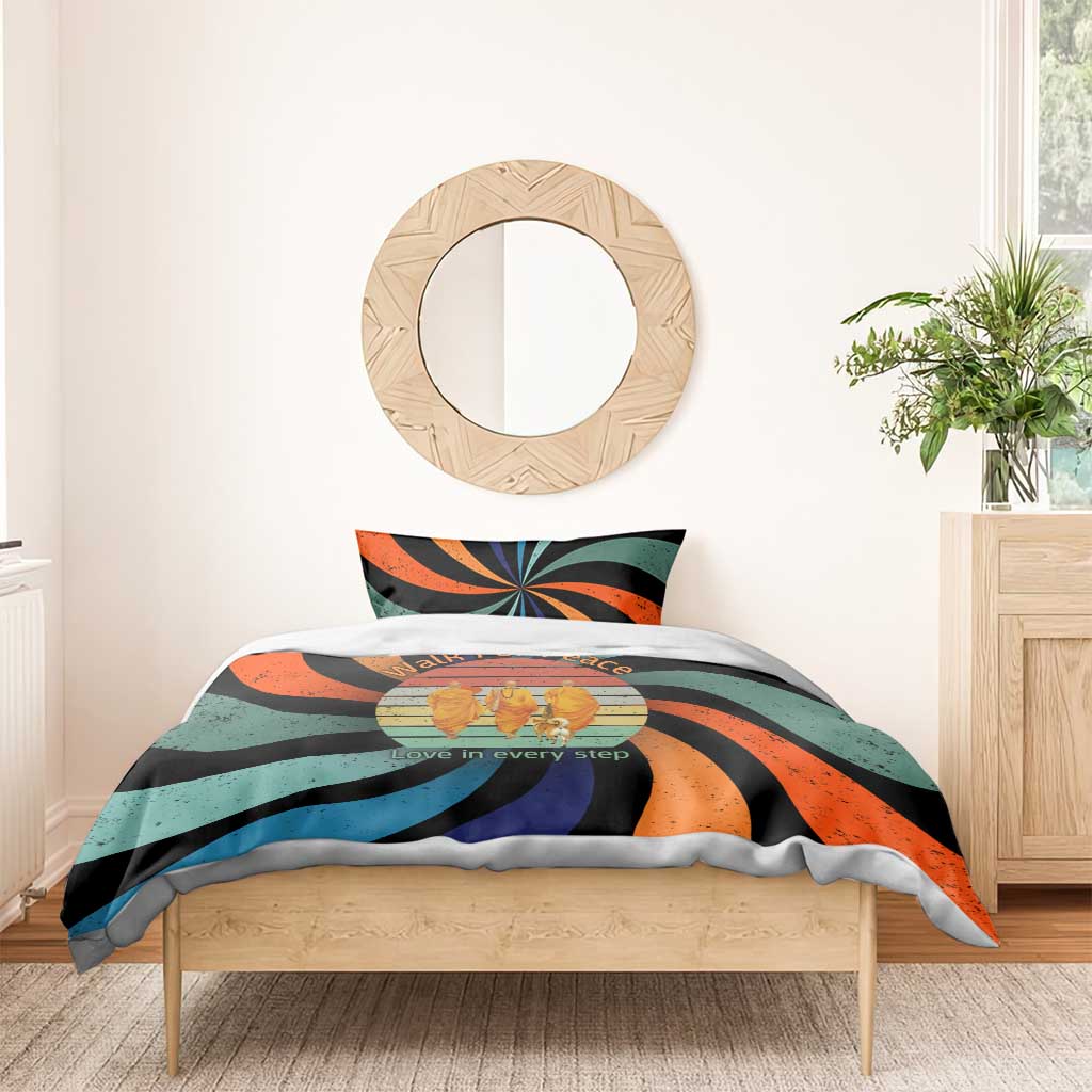 Buddhist Monks Walk For Peace Bedding Set with Retro Sunset Swirl Pattern