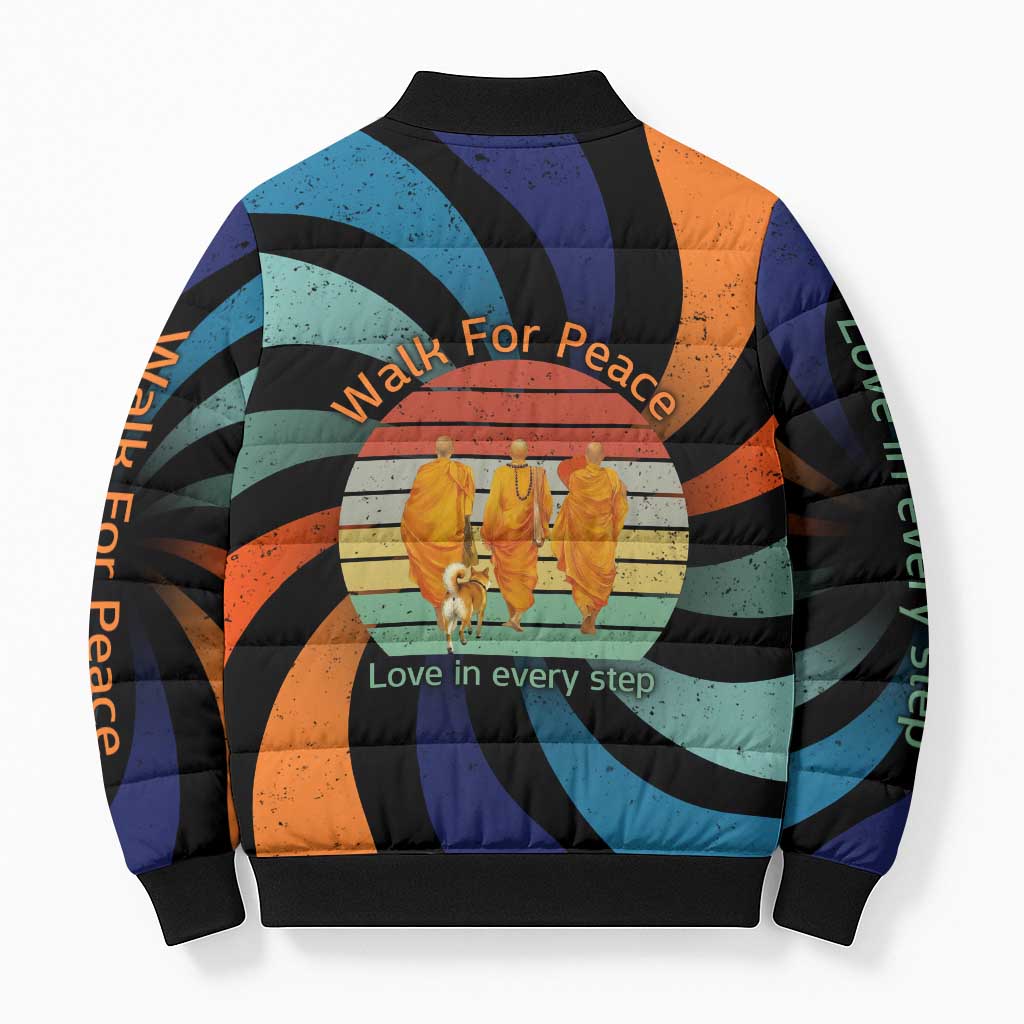 Buddhist Monks Walk For Peace Bomber Puffer Jacket with Retro Sunset Swirl Pattern