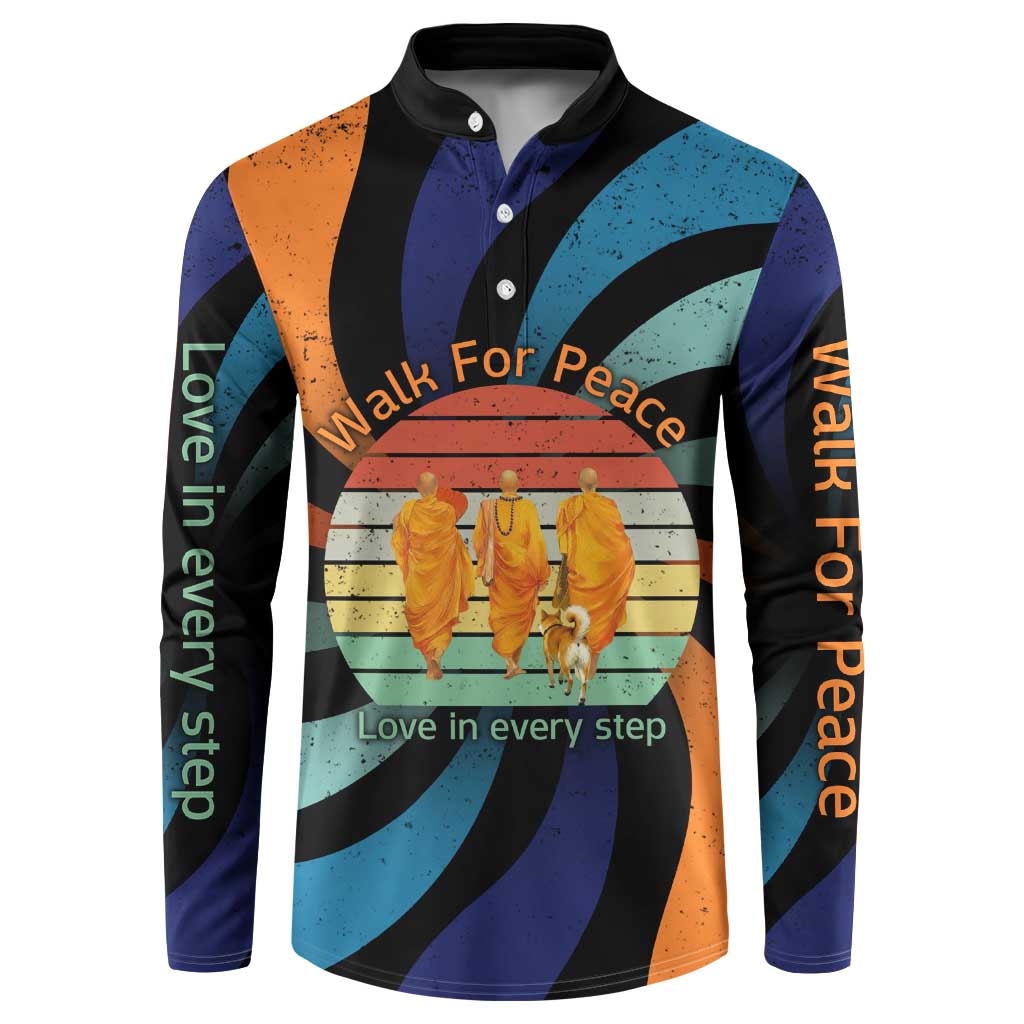 Buddhist Monks Walk For Peace Button Sweatshirt with Retro Sunset Swirl Pattern