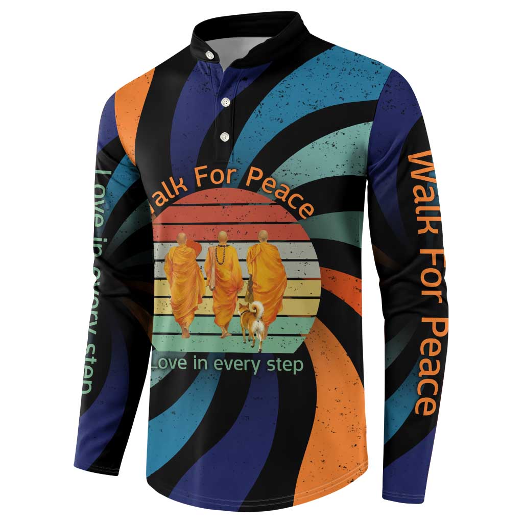 Buddhist Monks Walk For Peace Button Sweatshirt with Retro Sunset Swirl Pattern