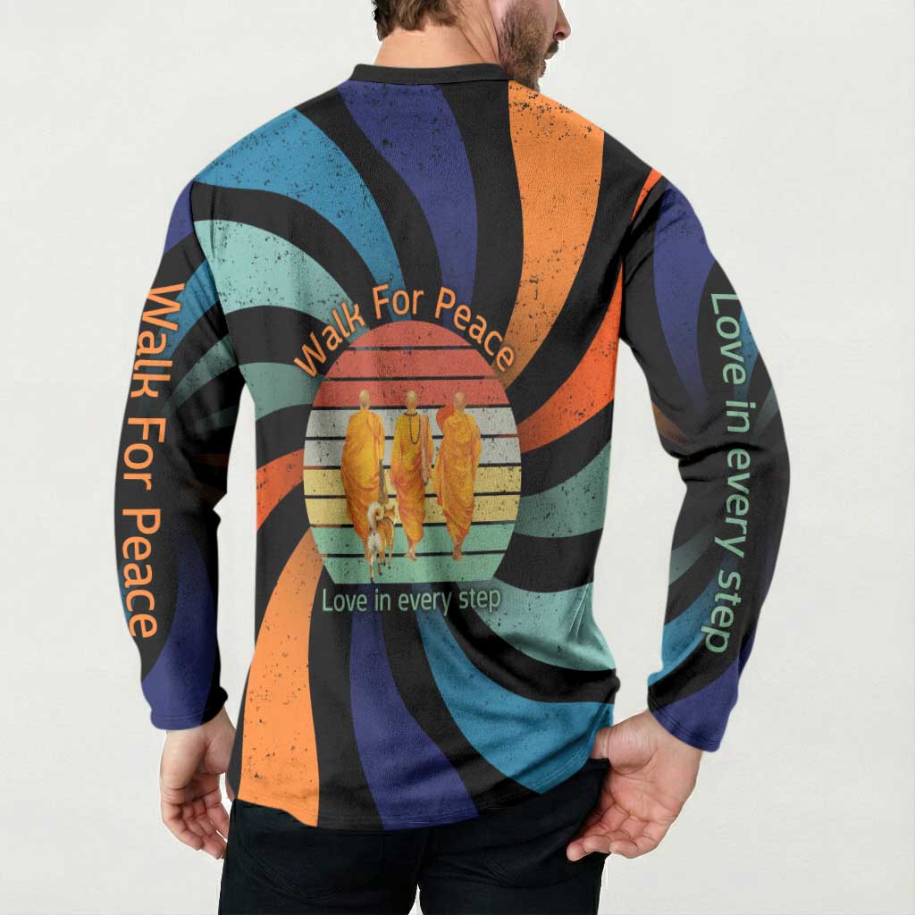 Buddhist Monks Walk For Peace Button Sweatshirt with Retro Sunset Swirl Pattern