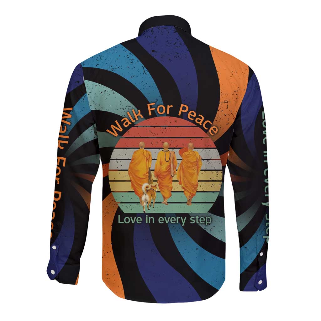 Buddhist Monks Walk For Peace Long Sleeve Button Shirt with Retro Sunset Swirl Pattern