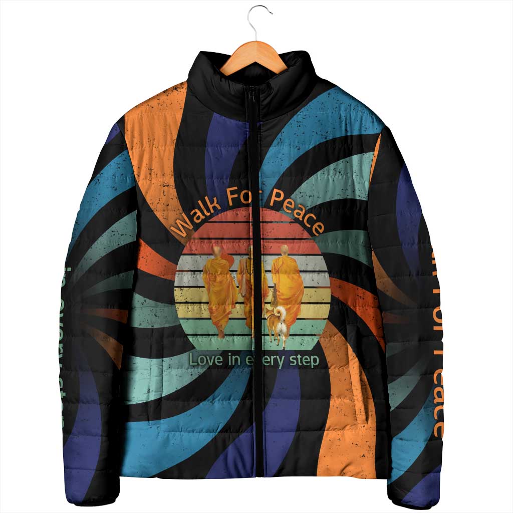 Buddhist Monks Walk For Peace Padded Jacket with Retro Sunset Swirl Pattern