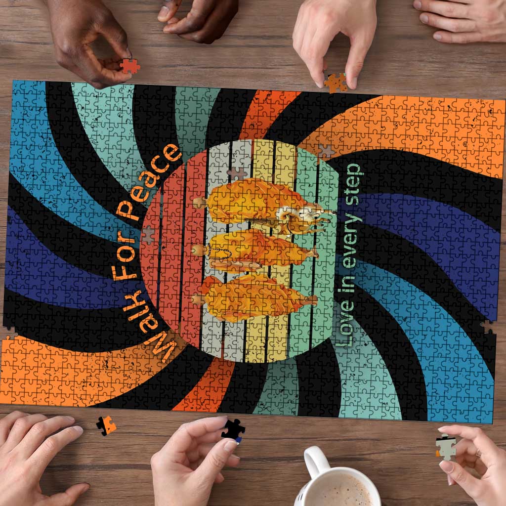 Buddhist Monks Walk For Peace Puzzle with Retro Sunset Swirl Pattern