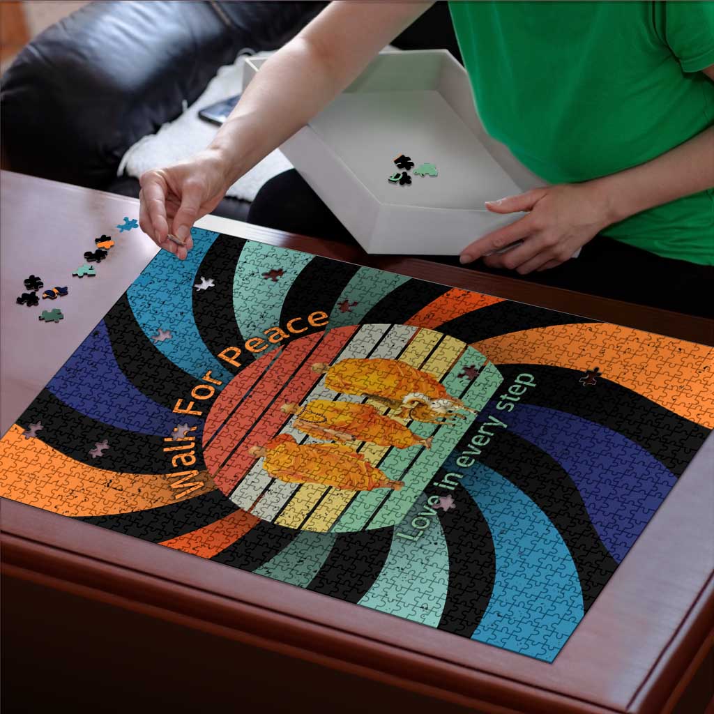 Buddhist Monks Walk For Peace Puzzle with Retro Sunset Swirl Pattern