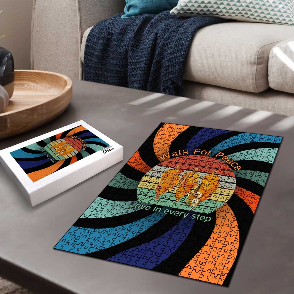 Buddhist Monks Walk For Peace Puzzle with Retro Sunset Swirl Pattern