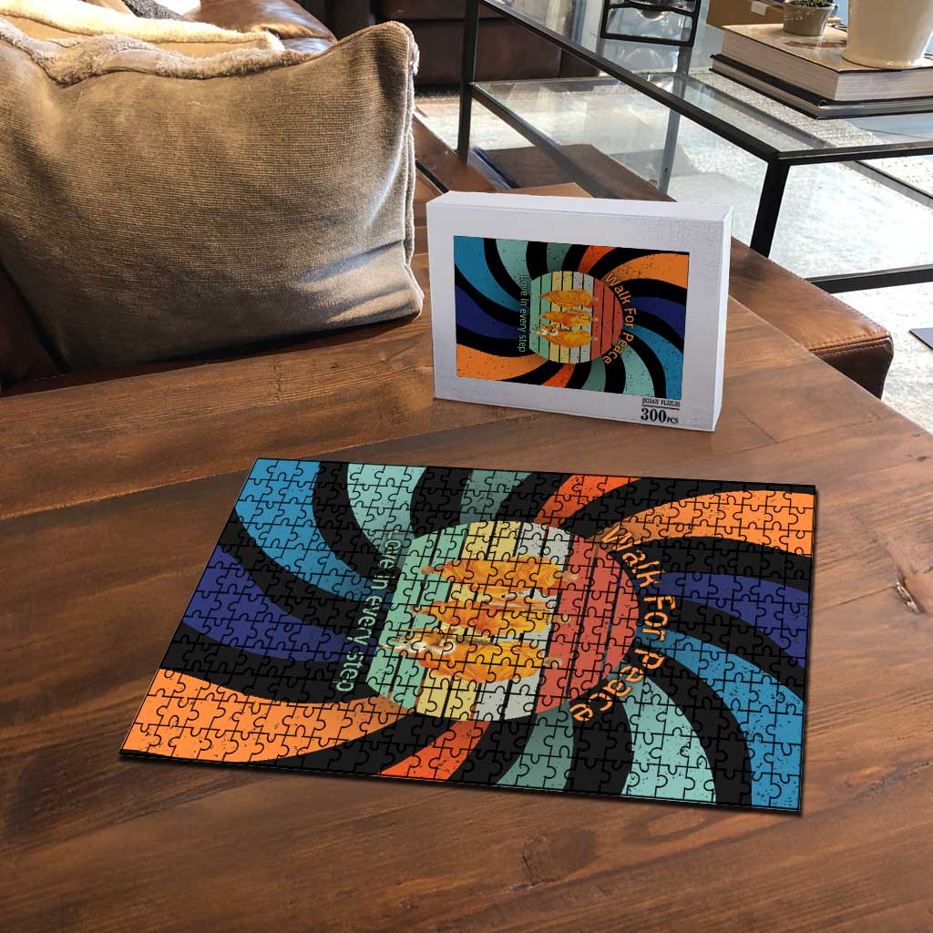 Buddhist Monks Walk For Peace Puzzle with Retro Sunset Swirl Pattern