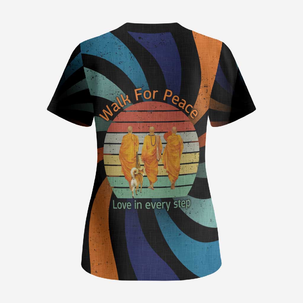 Buddhist Monks Walk For Peace Scrub Top with Retro Sunset Swirl Pattern