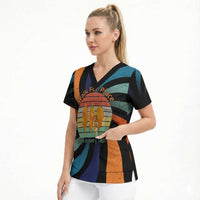 Buddhist Monks Walk For Peace Scrub Top with Retro Sunset Swirl Pattern