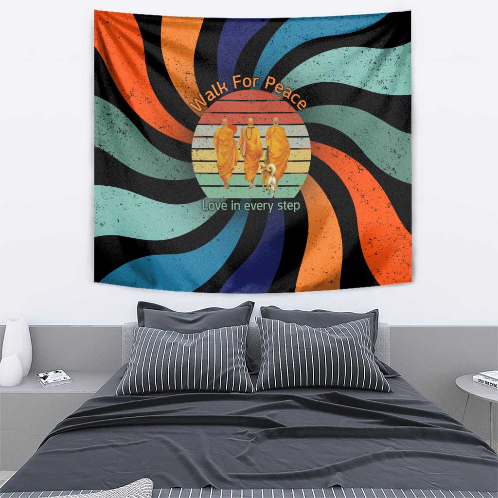Buddhist Monks Walk For Peace Tapestry with Retro Sunset Swirl Pattern