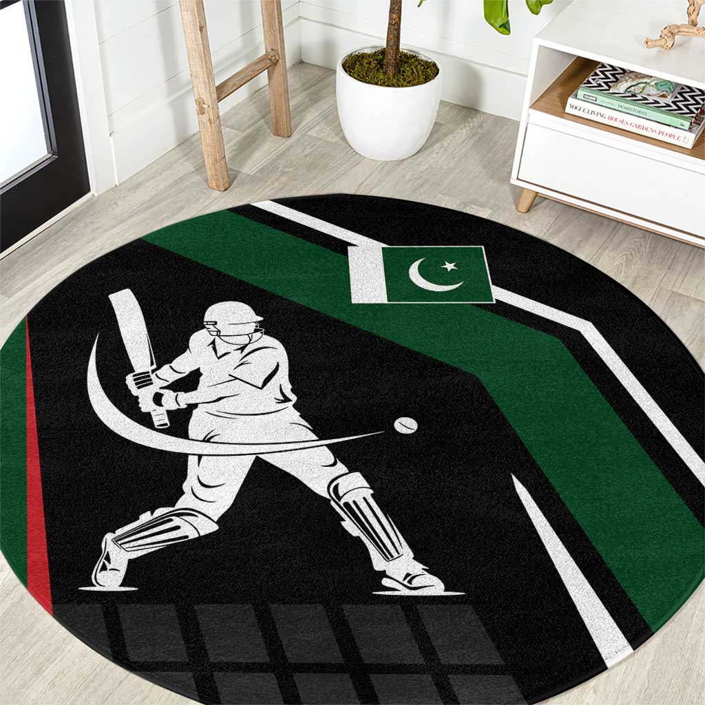 Pakistan Cricket Round Carpet Sporty Style with Flag Colors & Player Illustration