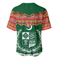 Multicolor baseball jersey back with green-and-white emblem and patterned red/yellow sleeves