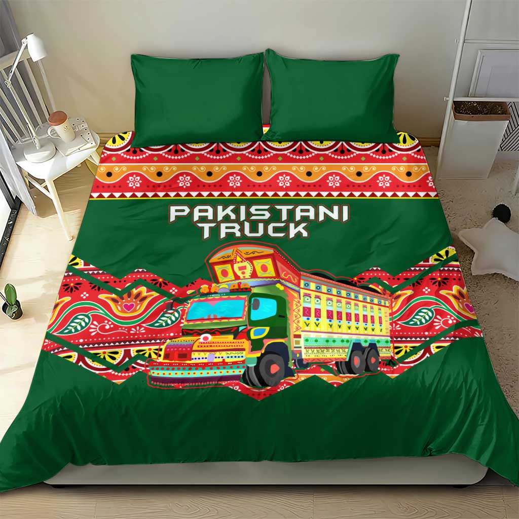 Green duvet bedding set with Pakistan Truck text, truck image, and multicolor decorative band