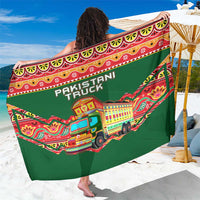 Green sarong with multicolor truck-art border and Pakistan emblem print, fringeless