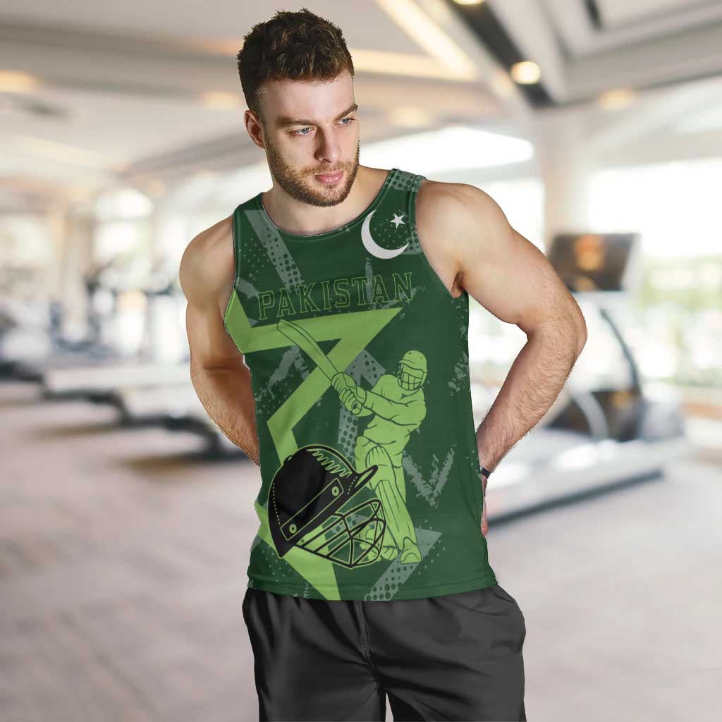 Pakistan Cricket Men Tank Top Sporty Style with Flag Stars & Player Illustration