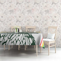 Rectangular tablecloth with green foliage eagle print and multicolor stripe border