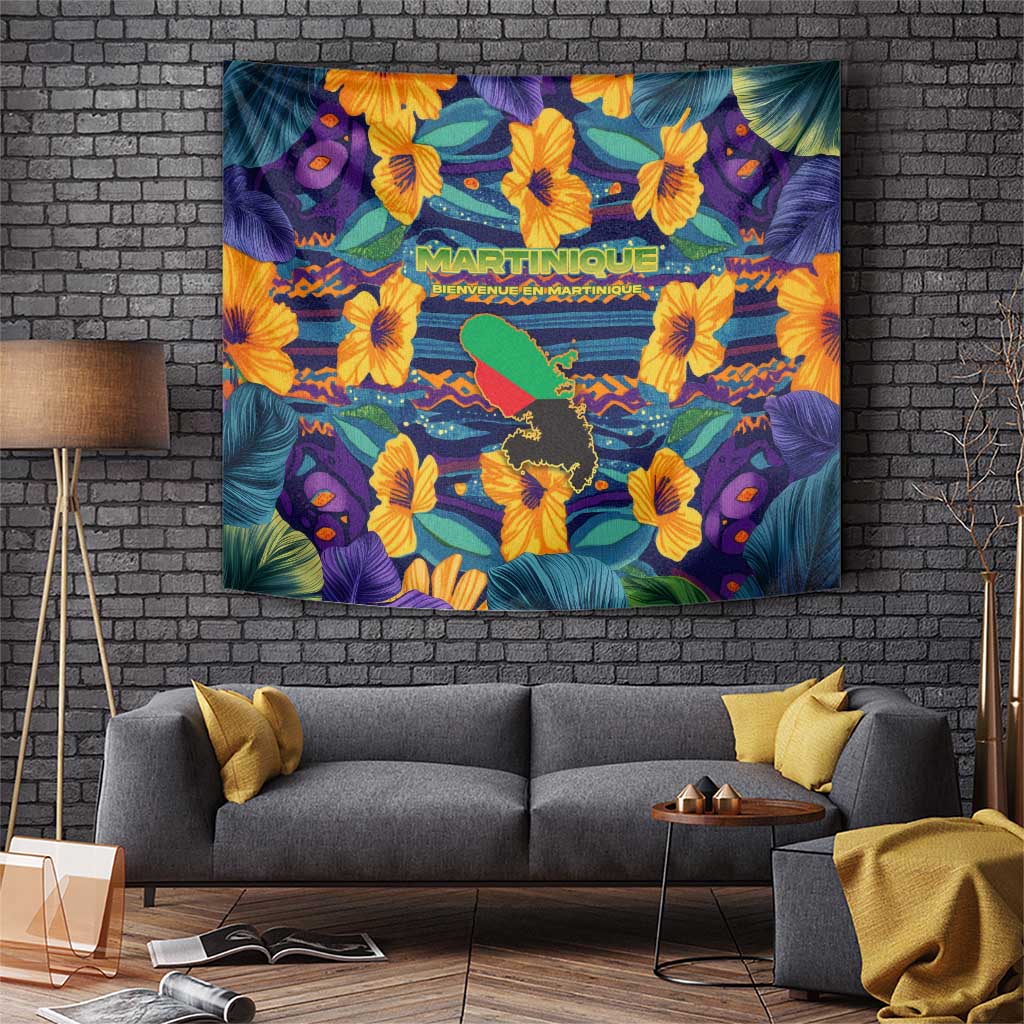 Martinique Map and Hibiscus Tapestry Island Silhouette with Tribal Stripe Accents