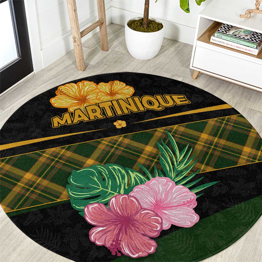 Martinique Heritage Round Carpet Hibiscus Floral Design with Green and Yellow Madras Tartan
