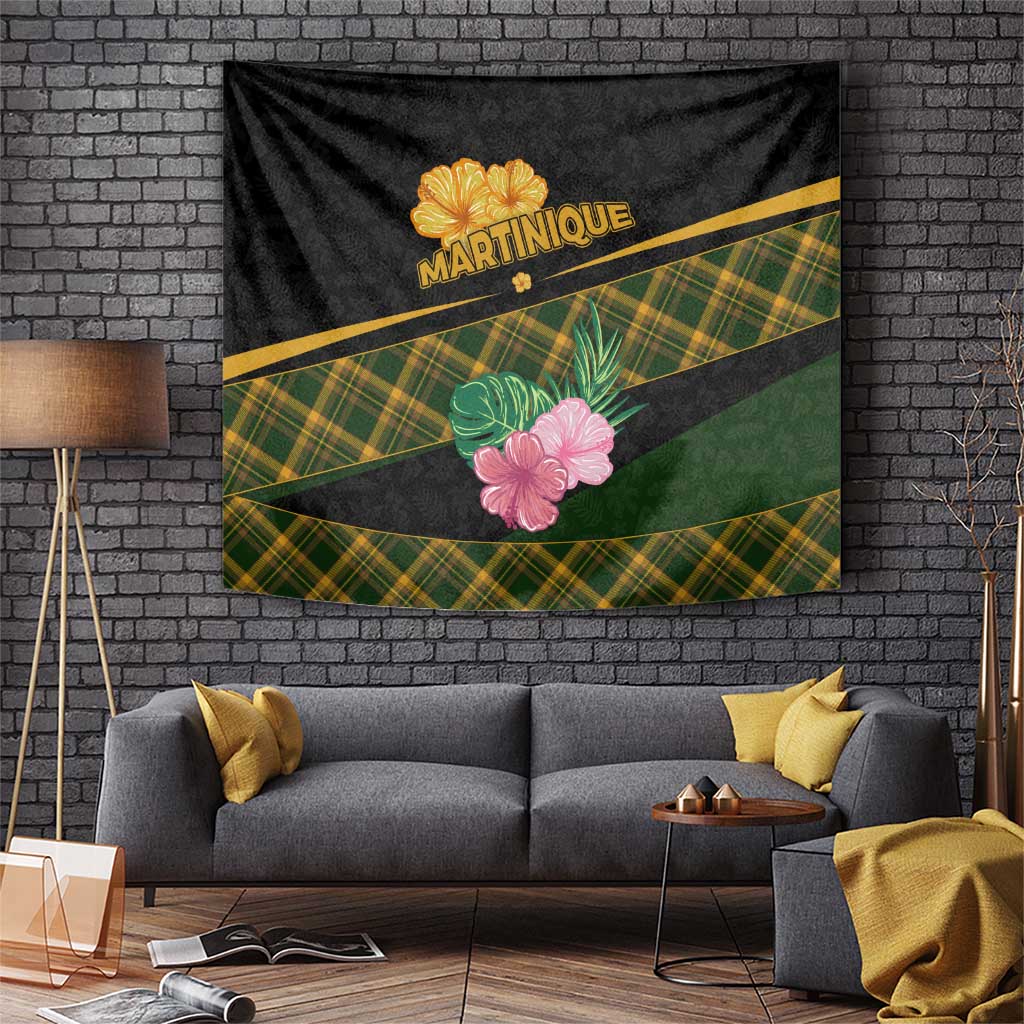 Martinique Heritage Tapestry Hibiscus Floral Design with Green and Yellow Madras Tartan