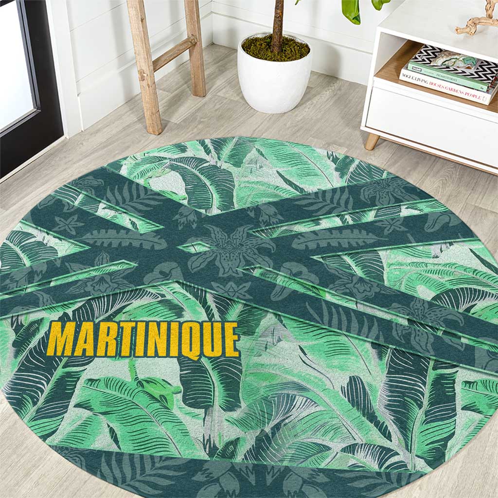 Martinique Pride Round Carpet with Green Banana Leaf Print and Flag Patch Accents