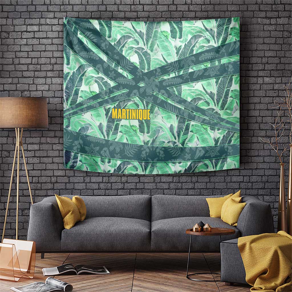 Martinique Pride Tapestry with Green Banana Leaf Print and Flag Patch Accents