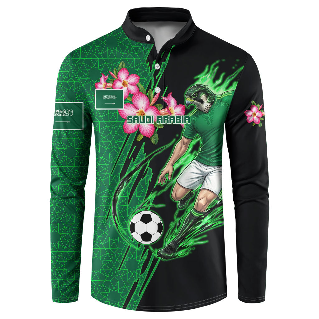 Personalized Saudi Arabia Football Button Sweatshirt Falcon Mascot Green - Desert Rose Geometric