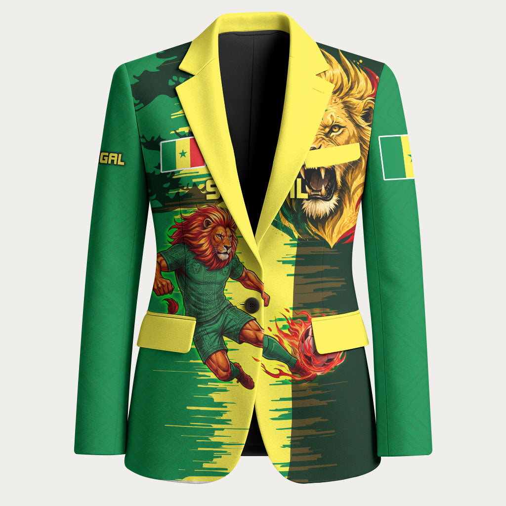 Personalized Senegal Football Lion Blazer Fierce Roaring Lion Soccer Art With Senegal Flag