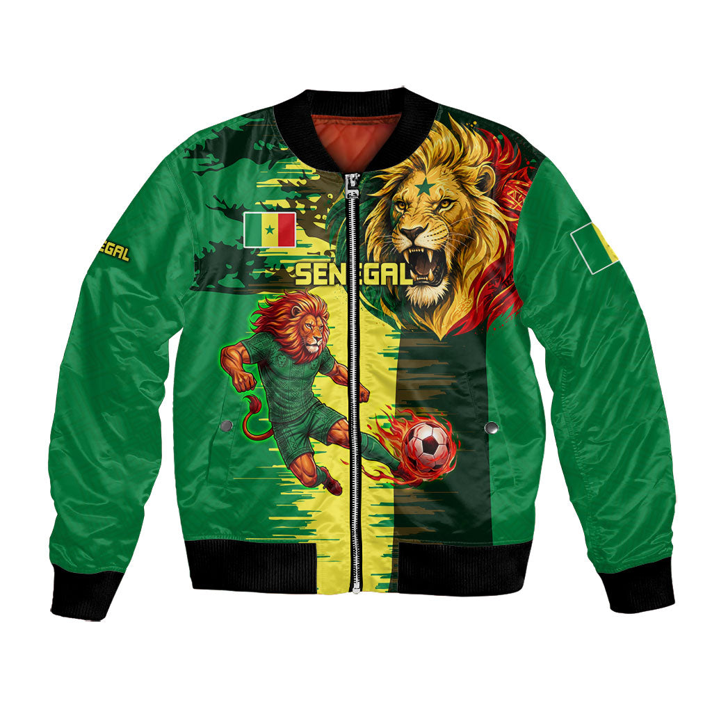 Personalized Senegal Football Lion Bomber Jacket Fierce Roaring Lion Soccer Art With Senegal Flag