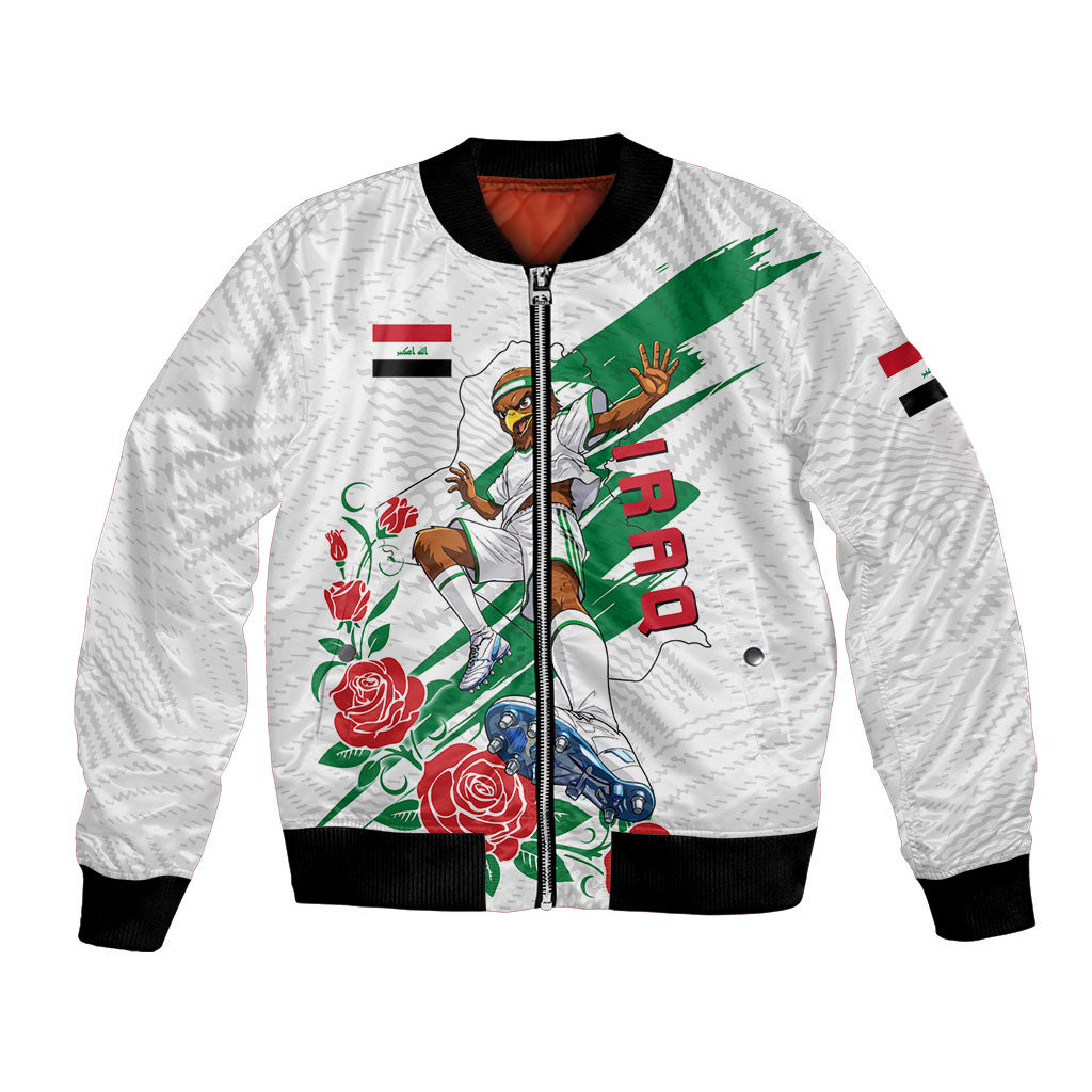 Personalized Iraq Football Bomber Jacket Hawk Mascot Soccer - Samarra Tower And Red Roses
