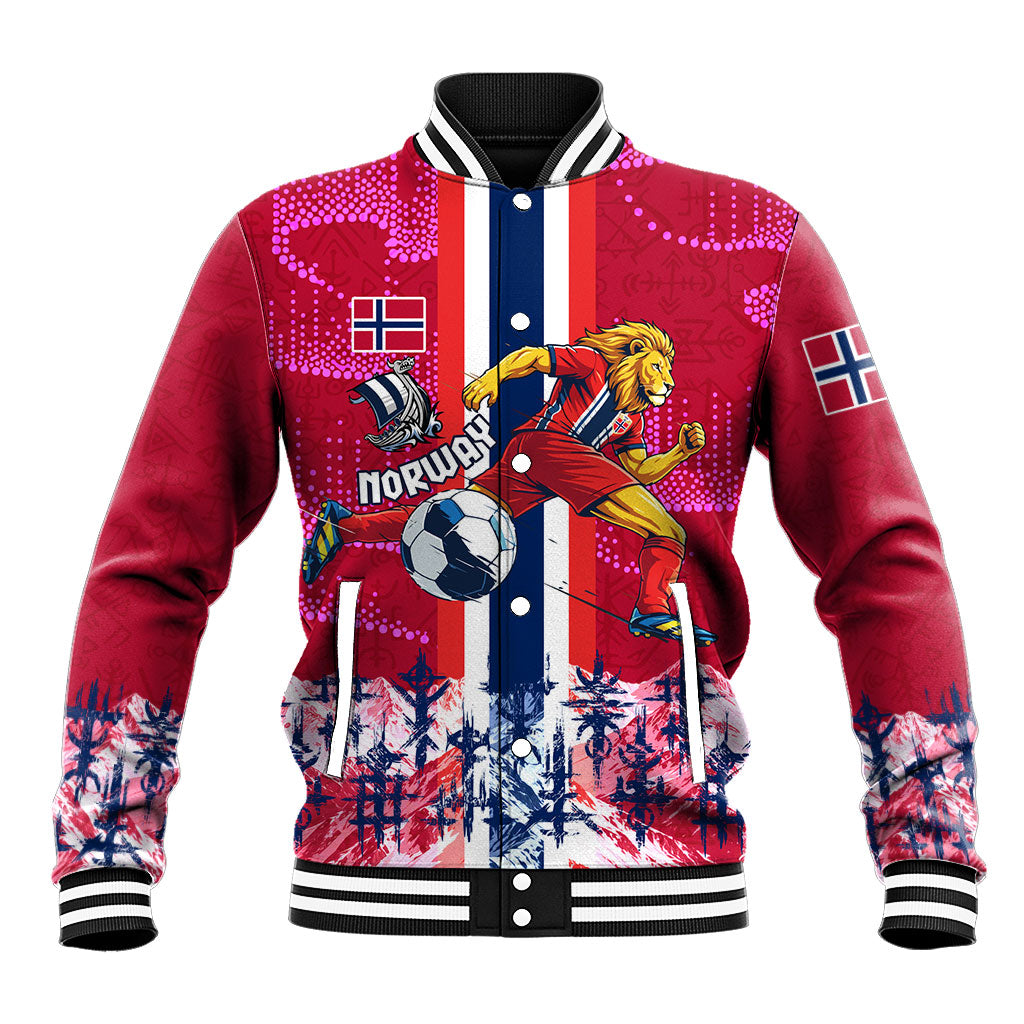 Personalized Norway Football Baseball Jacket Viking Lion Soccer Mascot - Nordic Longship And Mountain Landscape